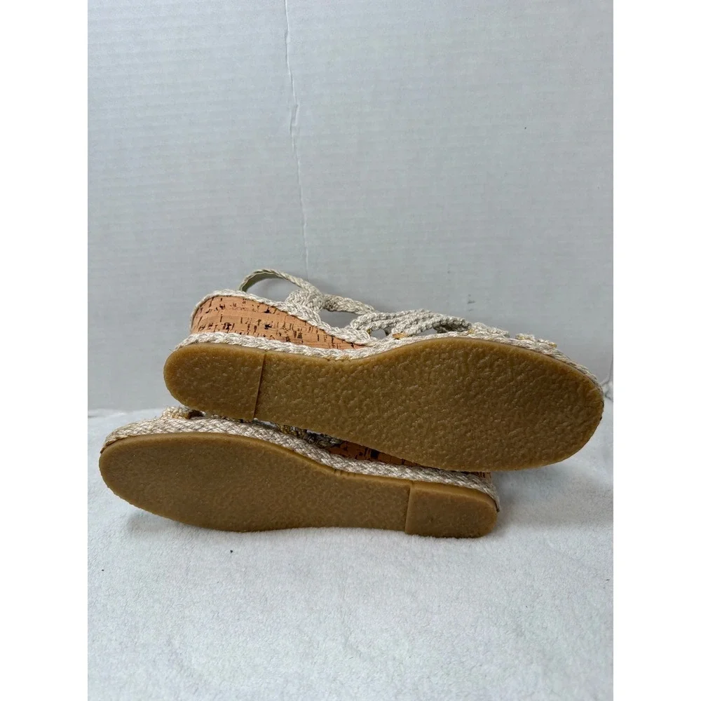 VTG NOS Macrame Wedge Sandals Women Beige‎ Cork Heel Boho Strappy Woven Size 8